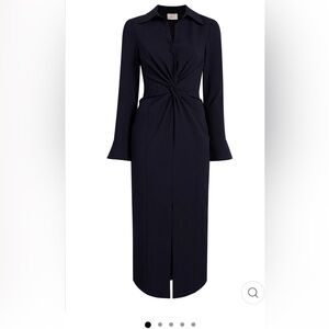 Cinq á sept navy midi dress with front snap for coverage